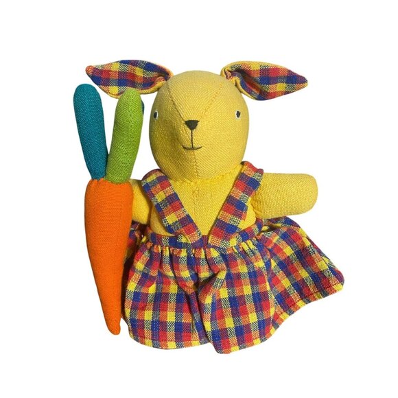 Eco Toy Yellow Bunny Rabbit Plush Toy With Plaid Dress & Carrot - Picture 1 of 2